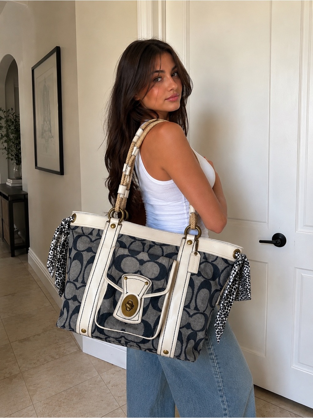 Vintage Coach Resort Signature Denim tote bag with white leather trim 2006